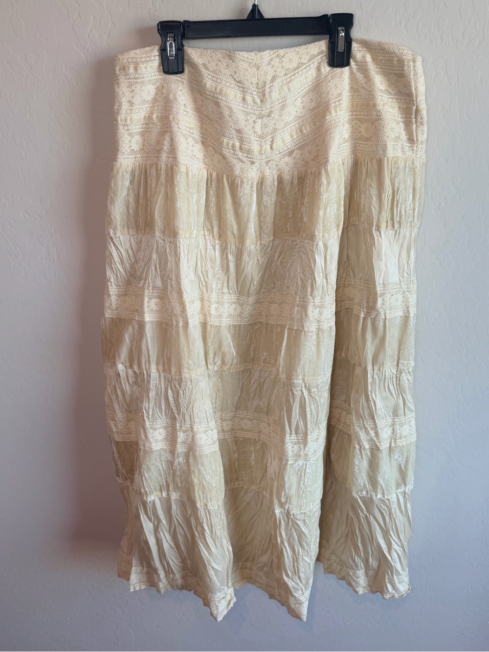 SILKLAND Womens Ivory Tiered Lace Velvet Maxi Skirt Size 12 Boho Victorian Fairy